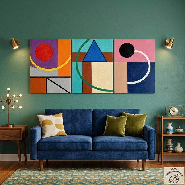 Abstract Geometric Contemporary Artwork, Modern Paintings for Mid Century Living Room, Multi Panel Canvas Art-LargePaintingArt.com