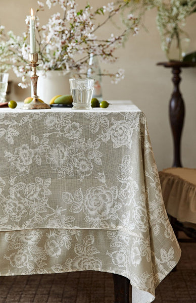 French Flower Pattern Tablecloth for Round Table, Vintage Rectangle Tablecloth for Dining Room Table, Rustic Farmhouse Table Cover for Kitchen-LargePaintingArt.com