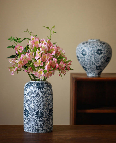 Centerpiece on Dining Table, Large Blue Flower Vase on Table, Vintage Bouquet Flower Vases, Handmade Porcelain Flower Vases Urn, Water Holding Flower Vases-LargePaintingArt.com
