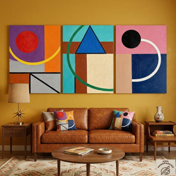 Abstract Geometric Contemporary Artwork, Modern Paintings for Mid Century Living Room, Multi Panel Canvas Art-LargePaintingArt.com