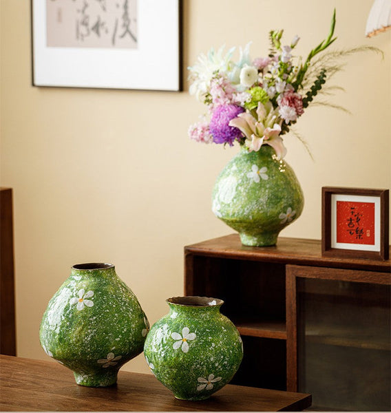 Modern Pottery Flower Vases, Centerpiece on Dining Table, Handmade Water Holding Flower Vases, Pottery Bud Vases, Large Green Flower Vases on Table-LargePaintingArt.com