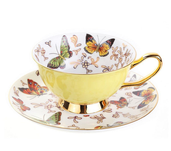 Unique Butterfly Coffee Cups and Saucers, Creative Butterfly Ceramic Coffee Cups, Beautiful British Tea Cups, Creative Bone China Porcelain Tea Cup Set-LargePaintingArt.com