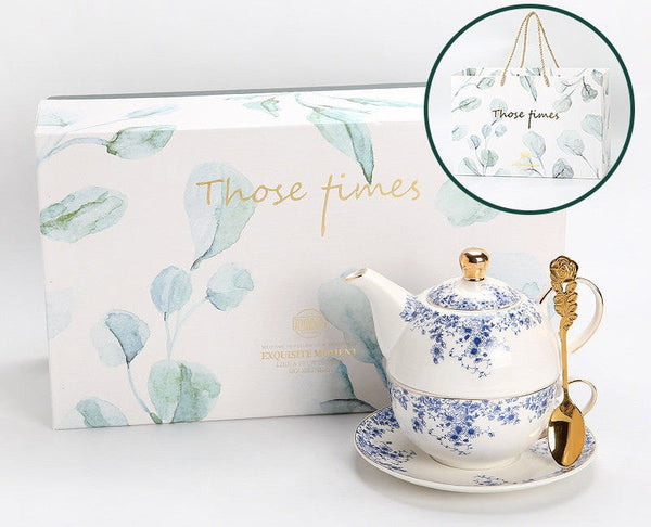 British Style Porcelain Teapot with Matching Cup and Saucer in Gift Box, Ceramic Tea Pot with Integrated Cup, Stackable Teapot and Cup Set, Mother-and-Baby Teapot with Matching Saucer-LargePaintingArt.com