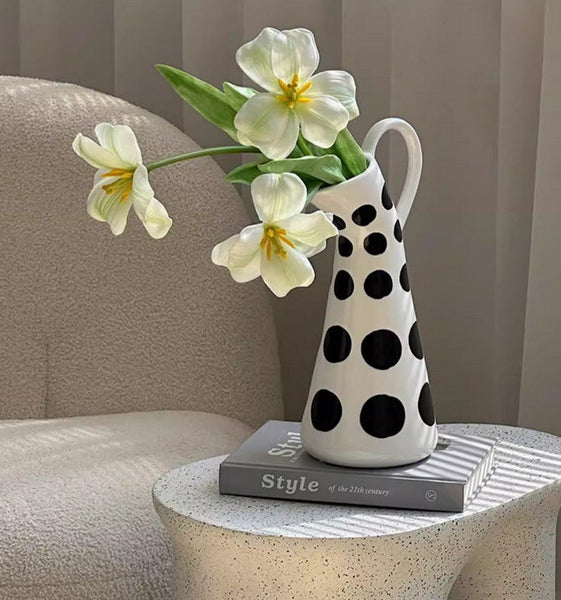 Ceramic Bud Vases, Small Flower Vases on Table, Black and White Polka Dot Flower Vase, Modern Porcelain Flower Vases, Handmade Water Holding Flower Vases-LargePaintingArt.com