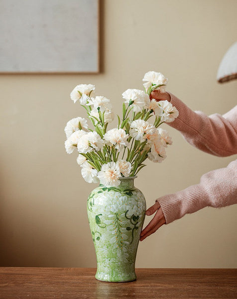 Large Flower Vases on Table, Green Porcelain Flower Vases, Centerpiece Ceramic Bud Vases, Handmade Water Holding Flower Vase-LargePaintingArt.com