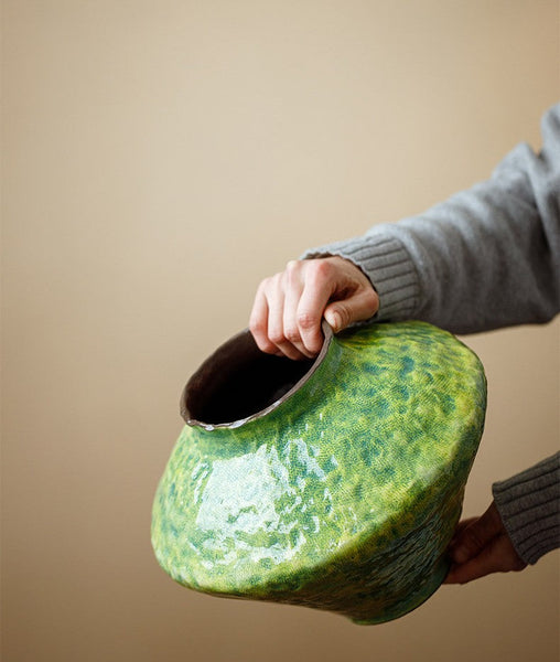 Modern Pottery Flower Vases, Handmade Water Holding Flower Vases, Pottery Bud Vases, Large Green Flower Vases on Table, Centerpiece on Dining Table-LargePaintingArt.com