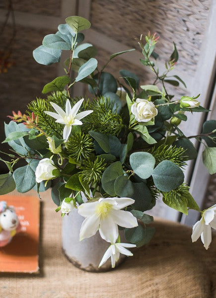 Eucalyptus Globulus, Clematis, White Rose Flowers, Unique Flower Arrangement for Home Decoration, Beautiful Modern Artificial Flowers for Dining Room Table-LargePaintingArt.com