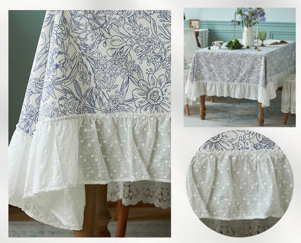 Cotton Rectangle Tablecloth for Dining Room Table, Natural Spring Farmhouse Table Cloth, Blue Flower Pattern Cotton Tablecloth, Square Tablecloth for Round Table-LargePaintingArt.com
