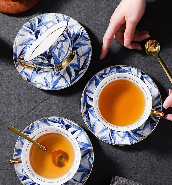 Unique British Tea Cup and Saucer in Gift Box, Blue Porcelain Tea Cup Saucer Set, 7.4 oz British Ceramic Coffee Cups-LargePaintingArt.com