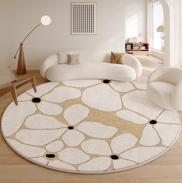 Flower Pattern Circular Modern Rugs under Chairs, Contemporary Modern Rugs for Living Room, Geometric Round Rugs for Dining Room, Bedroom Abstract Modern Area Rugs-LargePaintingArt.com