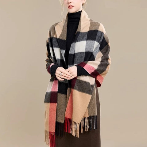 Long Wool Scarf, Soft Wool Scarf for Women, Checkered Fashion Scarf, Warm Cape, Gifts for Her, Evening Wrap, Christmas Gift, Winter Shawl, Elegant Shawl-LargePaintingArt.com