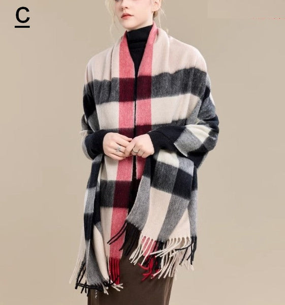 Long Wool Scarf, Soft Wool Scarf for Women, Checkered Fashion Scarf, Warm Cape, Gifts for Her, Evening Wrap, Christmas Gift, Winter Shawl, Elegant Shawl-LargePaintingArt.com