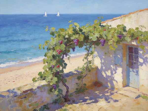 Original Landscape Paintings, Summer Glow on the Vine-Covered Terrace, Hand Painted Canvas Art, Seashore Beach Painting, Small Canvas Wall Art Paintings, Buy Art Online, Original Oil Paintings-LargePaintingArt.com