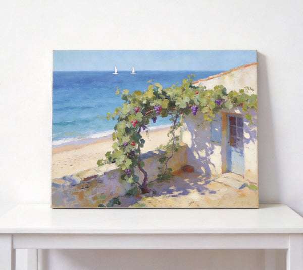 Original Landscape Paintings, Summer Glow on the Vine-Covered Terrace, Hand Painted Canvas Art, Seashore Beach Painting, Small Canvas Wall Art Paintings, Buy Art Online, Original Oil Paintings-LargePaintingArt.com