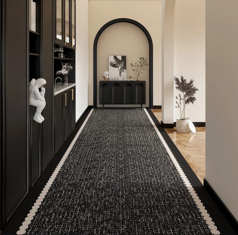 Modern Entryway Runner Rug Ideas, Geometric Black Contemporary Runner Rugs, Easy Care Long Hallway Runners, Extra Long Narrow Runner Rugs-LargePaintingArt.com