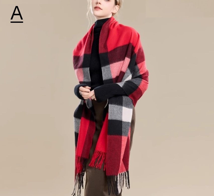 Long Wool Scarf, Soft Wool Scarf for Women, Checkered Fashion Scarf, Warm Cape, Gifts for Her, Evening Wrap, Christmas Gift, Winter Shawl, Elegant Shawl-LargePaintingArt.com