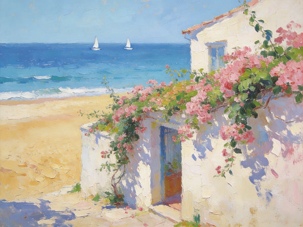 Original Small Paintings, Sunlit Seaside Cottage with Bougainvillea, Seashore Beach Painting, Hand Painted Canvas Art, Small Canvas Wall Art Paintings, Original Oil Paintings-LargePaintingArt.com