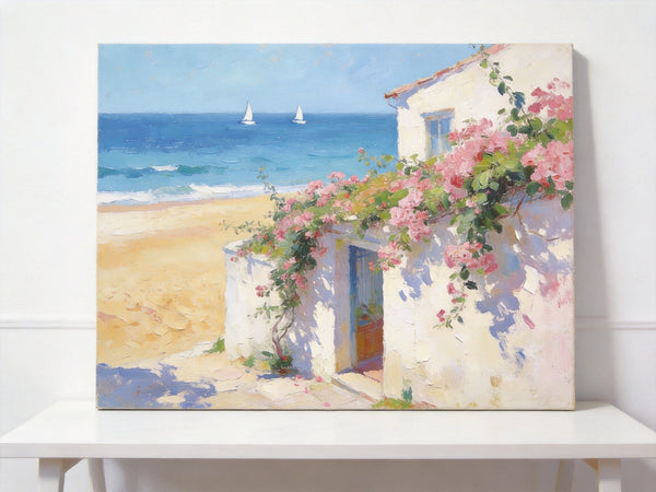 Original Small Paintings, Sunlit Seaside Cottage with Bougainvillea, Seashore Beach Painting, Hand Painted Canvas Art, Small Canvas Wall Art Paintings, Original Oil Paintings-LargePaintingArt.com