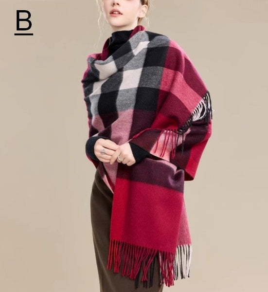 Long Wool Scarf, Soft Wool Scarf for Women, Checkered Fashion Scarf, Warm Cape, Gifts for Her, Evening Wrap, Christmas Gift, Winter Shawl, Elegant Shawl-LargePaintingArt.com