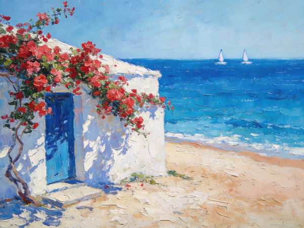 Bougainvillea by the Turquoise Shore, Original Small Paintings, Seashore Beach Painting, Hand Painted Canvas Art, Small Canvas Wall Art Paintings, Original Oil Paintings-LargePaintingArt.com