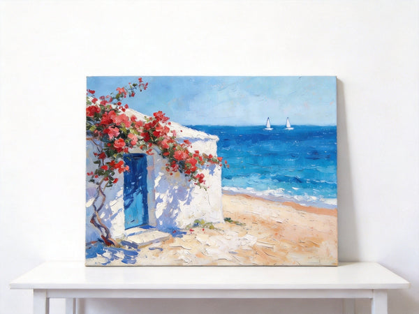 Bougainvillea by the Turquoise Shore, Original Small Paintings, Seashore Beach Painting, Hand Painted Canvas Art, Small Canvas Wall Art Paintings, Original Oil Paintings-LargePaintingArt.com