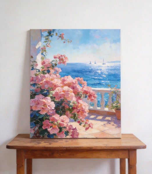 Terrace Blooms and Distant Sails, Original Landscape Paintings, Small Canvas Wall Art Paintings, Original Oil Paintings, Hand Painted Canvas Art-LargePaintingArt.com