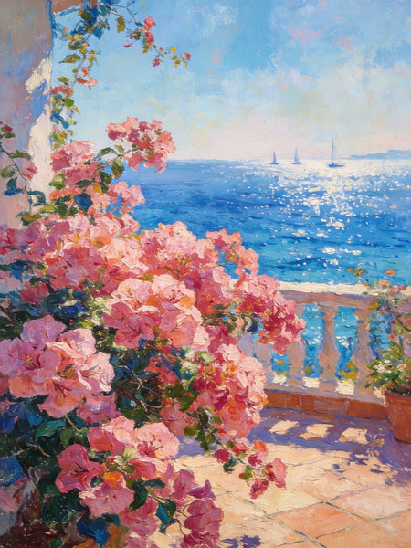 Terrace Blooms and Distant Sails, Original Landscape Paintings, Small Canvas Wall Art Paintings, Original Oil Paintings, Hand Painted Canvas Art-LargePaintingArt.com