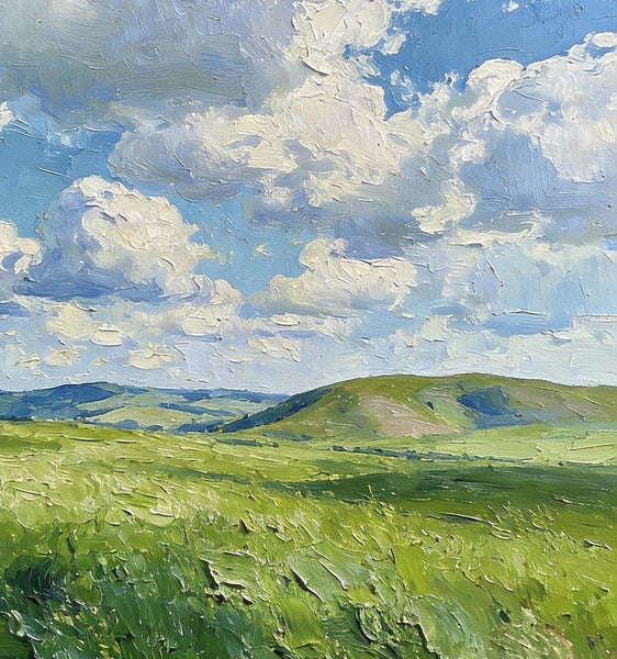Small Wall Paintings, Grassy Hills Under a Cloudy Sky, Landscape Artwork, Original Small Paintings, Small Oil Paintings, Original Small Paintings-LargePaintingArt.com