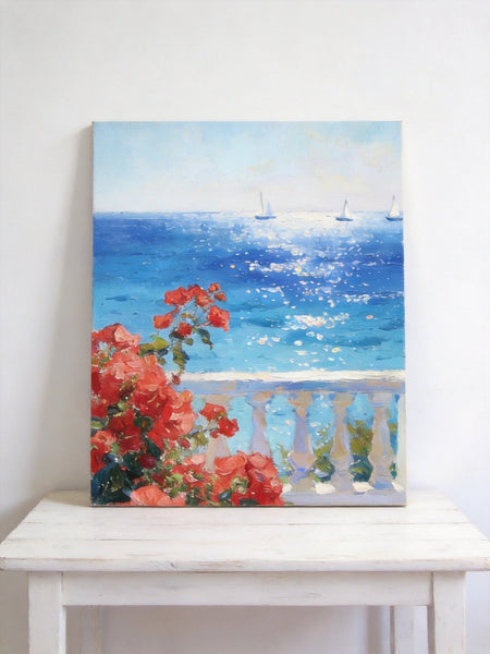 Tranquil Noon at the Coastal Bougainvillea Nook, Hand Painted Canvas Art, Original Landscape Paintings, Small Canvas Wall Art Paintings, Original Oil Paintings-LargePaintingArt.com