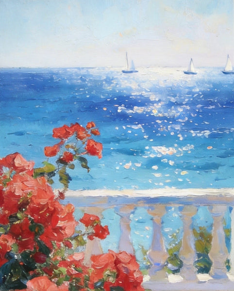 Tranquil Noon at the Coastal Bougainvillea Nook, Hand Painted Canvas Art, Original Landscape Paintings, Small Canvas Wall Art Paintings, Original Oil Paintings-LargePaintingArt.com