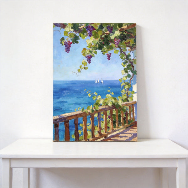 Original Landscape Paintings, Seaside Terrace Under the Grape Canopy, Hand Painted Canvas Art, Small Canvas Wall Art Paintings, Original Oil Paintings-LargePaintingArt.com
