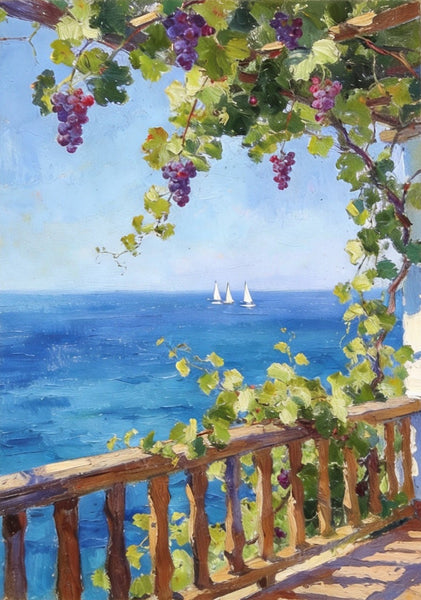 Original Landscape Paintings, Seaside Terrace Under the Grape Canopy, Hand Painted Canvas Art, Small Canvas Wall Art Paintings, Original Oil Paintings-LargePaintingArt.com