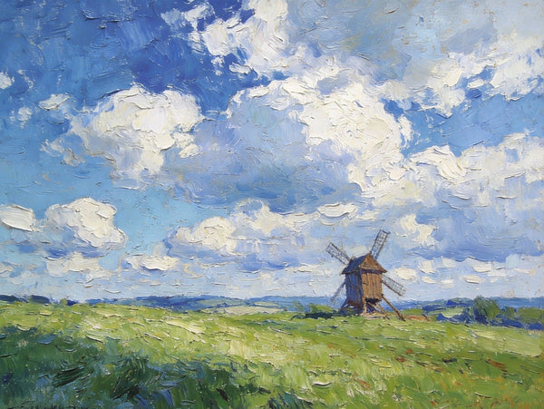 Small Wall Paintings, Windmill on the Vast Meadow, Landscape Artwork Canvas Paintings, On Canvas Small Paintings, Hand Painted Canvas Art, Original Landscape Paintings-LargePaintingArt.com