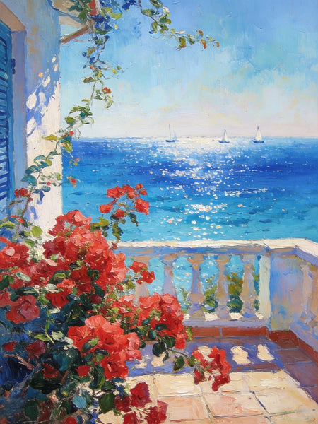 Original Landscape Paintings, Summer Glow on the Flowered Balcony, Small Canvas Wall Art Paintings, Original Oil Paintings, Hand Painted Canvas Art-LargePaintingArt.com