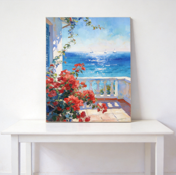 Original Landscape Paintings, Summer Glow on the Flowered Balcony, Small Canvas Wall Art Paintings, Original Oil Paintings, Hand Painted Canvas Art-LargePaintingArt.com