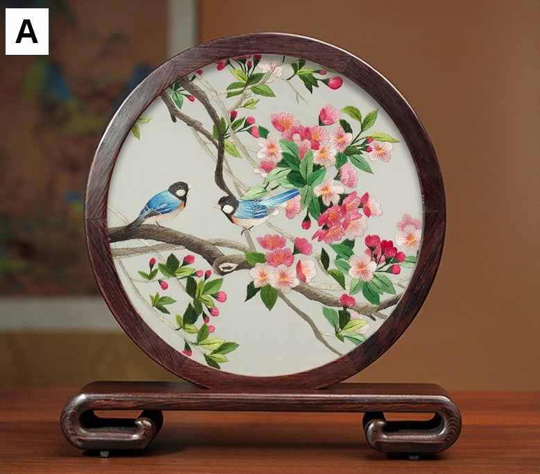 Creative Birthday Gift, Flower and Birds Embroidery Ornaments, Traditional Chinese Suzhou Silk Embroidered Ornament, Premium Souvenir, Exclusive Business Presents-LargePaintingArt.com