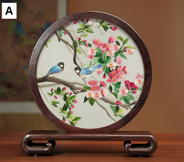 Creative Birthday Gift, Flower and Birds Embroidery Ornaments, Traditional Chinese Suzhou Silk Embroidered Ornament, Premium Souvenir, Exclusive Business Presents-LargePaintingArt.com