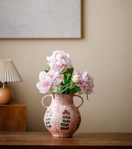 Handmade Water Holding Flower Vases, Rustic Pottery Flower Vases, Small Flower Vases on Table, Pink Bud Vases-LargePaintingArt.com