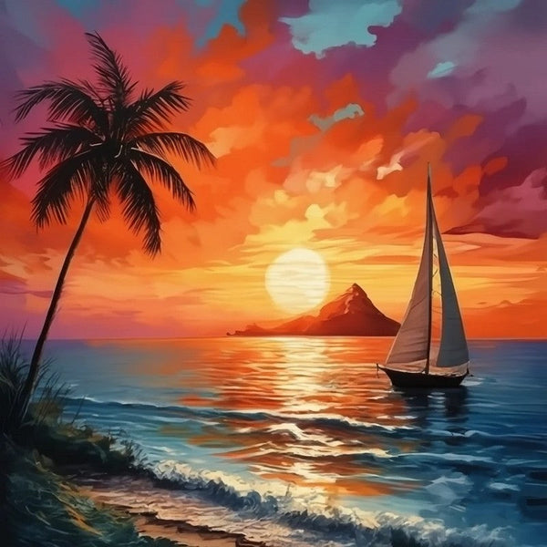 Simple Small Canvas Paintings, Original Small Landscape Paintings, Hawaii Seashore Beach Palm Tree Sunset Painting, Heavy Texture Acrylic Artwork, Easy Landscape Painting Ideas-LargePaintingArt.com