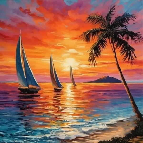Original Small Landscape Paintings, Hawaii Seashore Sail Boat Palm Tree Painting, Beach Sunset Painting, Heavy Texture Acrylic Artwork, Easy Landscape Painting Ideas, Simple Small Canvas Paintings-LargePaintingArt.com