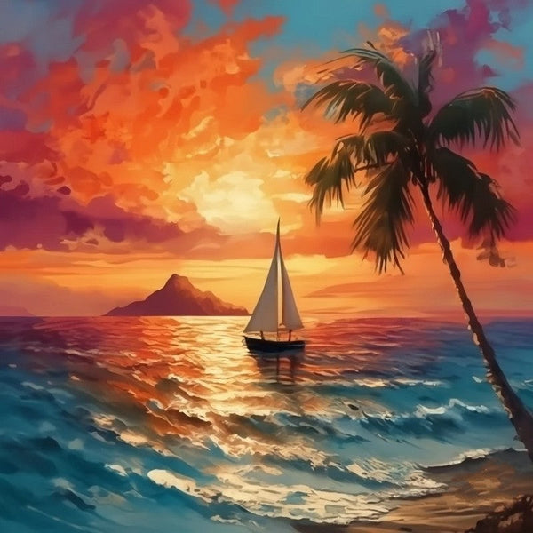 Beach Sunset Painting, Heavy Texture Acrylic Artwork, Original Small Landscape Paintings, Hawaii Seashore Sail Boat Palm Tree Painting, Easy Landscape Painting Ideas, Simple Small Canvas Paintings-LargePaintingArt.com