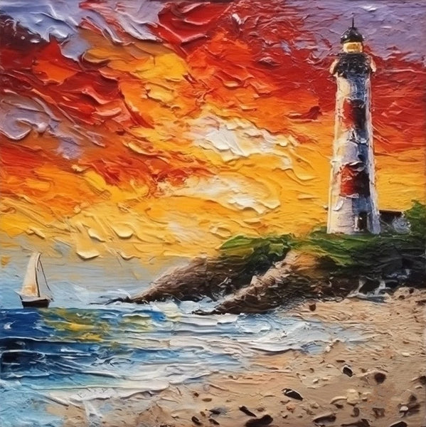 Small Hand Painted Art, Seashore Lighthouse Sunset Painting, Heavy Texture Canvas Artwork, Easy Landscape Painting Ideas, Simple Small Canvas Paintings-LargePaintingArt.com