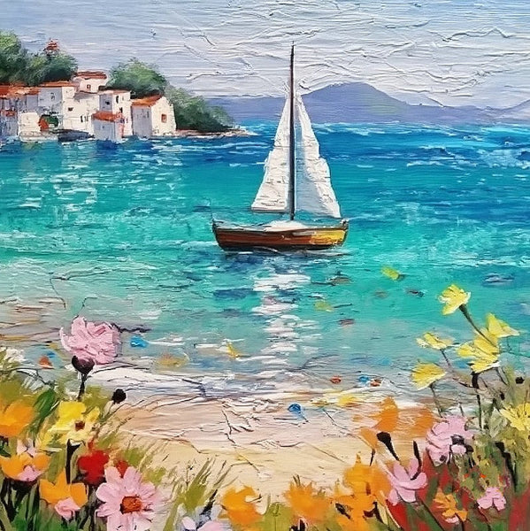 Small Hand Painted Canvas Art, Easy Landscape Painting Ideas, Simple Small Canvas Paintings, Sail Boat Seashore Floral Beach Painting, Original Small Landscape Paintings, Heavy Texture Canvas Art-LargePaintingArt.com