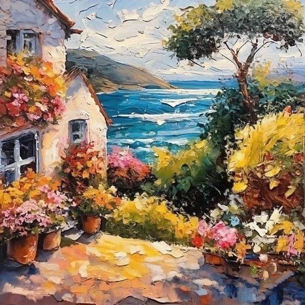 Simple Small Canvas Paintings, Seashore Summer Resort Painting, Original Paintings, Small Landscape Paintings, Heavy Texture Canvas Paintings, Easy Landscape Painting Ideas-LargePaintingArt.com
