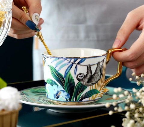 Elegant Porcelain Coffee Cups, Coffee Cups with Gold Trim and Gift Box, Tea Cups and Saucers, Jungle Animal Porcelain Coffee Cups-LargePaintingArt.com