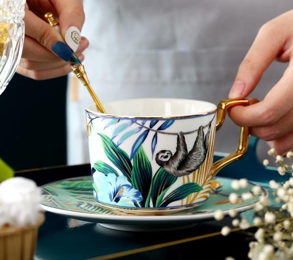 Handmade Coffee Cups with Gold Trim and Gift Box, 7.4 oz Tea Cup and Saucer, Jungle Tiger Porcelain Coffee Cups-LargePaintingArt.com
