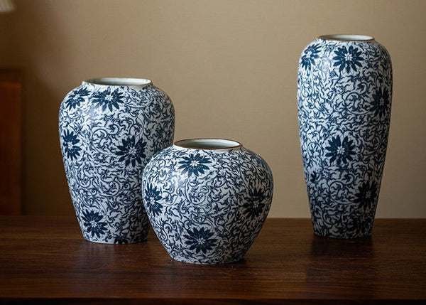 Centerpiece on Dining Table, Large Blue Flower Vase on Table, Vintage Bouquet Flower Vases, Handmade Porcelain Flower Vases Urn, Water Holding Flower Vases-LargePaintingArt.com