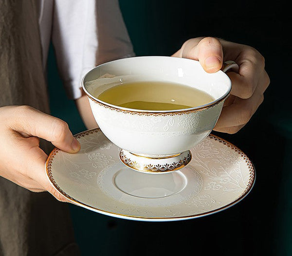 Porcelain Coffee Cup Set, White Ceramic Cups, 7.8 oz British Ceramic Coffee Cups, Unique Tea Cup and Saucer in Gift Box-LargePaintingArt.com