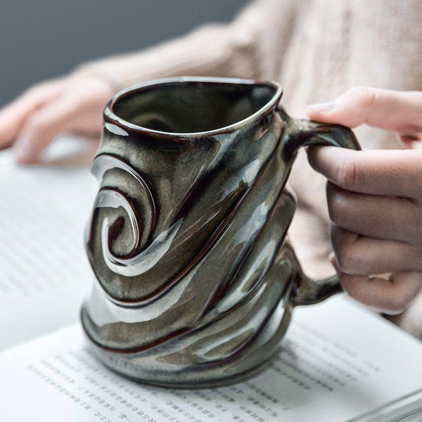 Blue Ceramic Coffee Mug, Stoneware Coffee Mugs, Large Capacity Coffee Cups, Birthday Gifts, Handmade Pottery Coffee Mug-LargePaintingArt.com