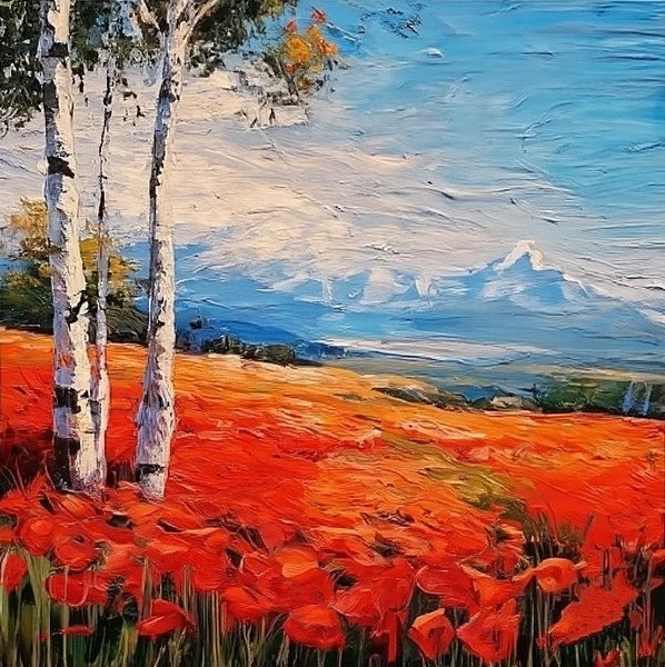 Simple Small Canvas Paintings, Red Poppy Field Birch Tree Landscape Painting, Original Small Landscape Paintings, Heavy Texture Canvas Art, Palette Knife Paintings, Easy Landscape Painting Ideas-LargePaintingArt.com